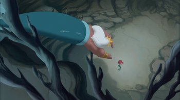 Movie still from “The Little Mermaid: Ariel's Beginning” (2008), directed by Peggy Holmes – An animated hand holding a white glove over a rose; Extreme Wide shot, Overhead angle