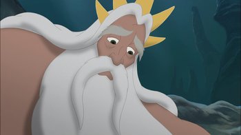 Movie still from “The Little Mermaid: Ariel's Beginning” (2008), directed by Peggy Holmes – An old man with long white hair wearing a crown; Close Up shot, Low angle