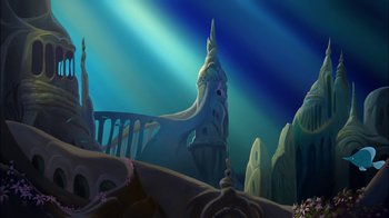 Movie still from “The Little Mermaid: Ariel's Beginning” (2008), directed by Peggy Holmes – An image of an underwater scene with a castle; Extreme Wide shot, Low angle