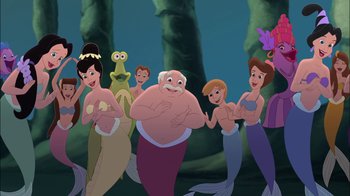 Movie still from “The Little Mermaid: Ariel's Beginning” (2008), directed by Peggy Holmes – A group of people standing next to each other in front of a forest; Wide shot, High angle