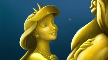 Movie still from “The Little Mermaid: Ariel's Beginning” (2008), directed by Peggy Holmes – A golden statue of a woman with a crown on her head; Close Up shot, Low angle