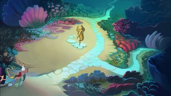Movie still from “The Little Mermaid: Ariel's Beginning” (2008), directed by Peggy Holmes – An artistic rendering of a person walking on a path in the middle of the ocean; Extreme Wide shot, High angle