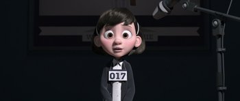 Movie still from “The Little Prince” (2015), directed by Mark Osborne – A cartoon of a girl with a number on her chest; Medium shot, High angle