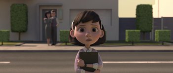 Movie still from “The Little Prince” (2015), directed by Mark Osborne – An animated girl is holding a book in her hands; Medium shot, Over the shoulder angle