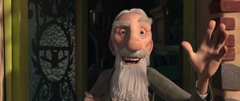 Movie still from “The Little Prince” (2015), directed by Mark Osborne – An old man with long white hair and a gray beard; Close Up shot, Low angle
