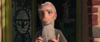 Movie still from “The Little Prince” (2015), directed by Mark Osborne – An old man with long white hair and a long beard; Close Up shot, High angle