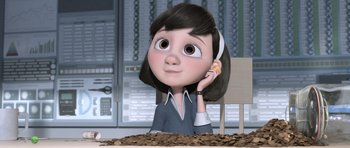 Movie still from “The Little Prince” (2015), directed by Mark Osborne – A cartoon of a girl sitting in front of a pile of coins; Medium shot, High angle