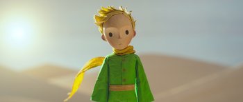 Movie still from “The Little Prince” (2015), directed by Mark Osborne – The head of a paper doll; Close Up shot, Low angle