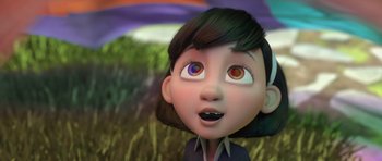 Movie still from “The Little Prince” (2015), directed by Mark Osborne – A cartoon of a girl with brown eyes and black hair; Close Up shot, High angle