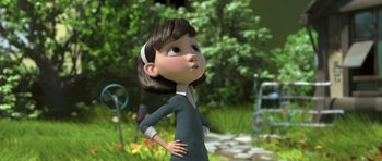 Movie still from “The Little Prince” (2015), directed by Mark Osborne – An animated girl is standing in the grass; Medium shot, Low angle