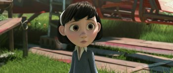 Movie still from “The Little Prince” (2015), directed by Mark Osborne – An animated girl is looking at the camera; Close Up shot, Over the shoulder angle