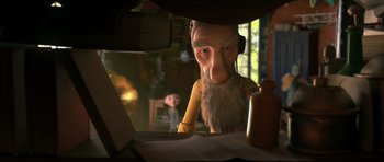 Movie still from “The Little Prince” (2015), directed by Mark Osborne – An old man with a long beard and headphones on; Close Up shot, Over the shoulder angle