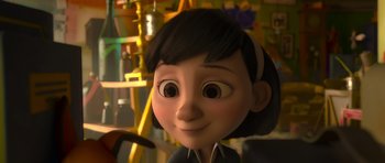 Movie still from “The Little Prince” (2015), directed by Mark Osborne – A cartoon of a girl with a black hair and brown eyes looking at the camera; Close Up shot, Over the shoulder angle