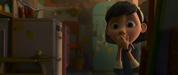 Movie still from “The Little Prince” (2015), directed by Mark Osborne – A cartoon of a girl with her hand over her mouth; Close Up shot, Over the shoulder angle