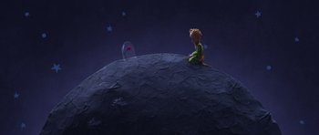 Movie still from “The Little Prince” (2015), directed by Mark Osborne – A little boy sitting on top of a planet; Wide shot, High angle