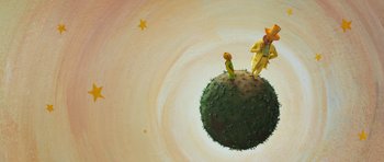 Movie still from “The Little Prince” (2015), directed by Mark Osborne – A painting of the little prince and the little princess on a planet; Extreme Wide shot, Overhead angle