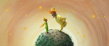 Movie still from “The Little Prince” (2015), directed by Mark Osborne – A man and a boy are standing on a globe; Wide shot, Low angle