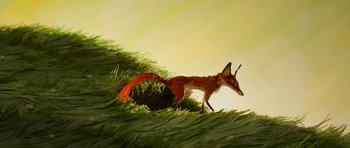 Movie still from “The Little Prince” (2015), directed by Mark Osborne – A painting of an animal walking in the grass; Wide shot, High angle