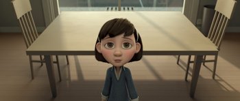Movie still from “The Little Prince” (2015), directed by Mark Osborne – A cartoon of a girl with brown hair and brown eyes looking at the camera; Close Up shot, High angle