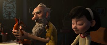 Movie still from “The Little Prince” (2015), directed by Mark Osborne – An old man with a long white beard is looking at a young girl; Close Up shot, Over the shoulder angle