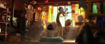 Movie still from “The Little Prince” (2015), directed by Mark Osborne – An animated person is standing in front of a window; Wide shot, Low angle