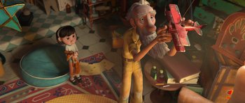 Movie still from “The Little Prince” (2015), directed by Mark Osborne – An animated scene of a man and a child; Wide shot, Low angle