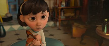 Movie still from “The Little Prince” (2015), directed by Mark Osborne – A cartoon girl is holding something in her hand; Close Up shot, Over the shoulder angle