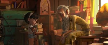 Movie still from “The Little Prince” (2015), directed by Mark Osborne – An old man sitting on a chair next to a little boy; Medium shot, Over the shoulder angle