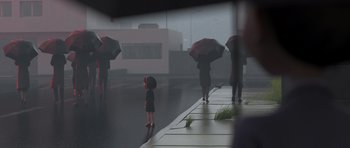 Movie still from “The Little Prince” (2015), directed by Mark Osborne – A group of people walking down a sidewalk with umbrellas; Extreme Wide shot, Over the shoulder angle