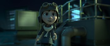 Movie still from “The Little Prince” (2015), directed by Mark Osborne – An animated character wearing goggles and a helmet; Medium shot, Low angle