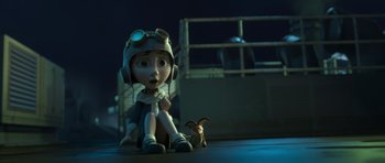 Movie still from “The Little Prince” (2015), directed by Mark Osborne – An animated character sitting next to an animal on the ground; Wide shot, High angle