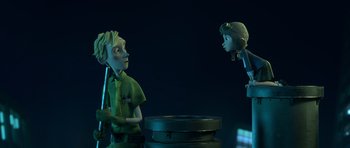 Movie still from “The Little Prince” (2015), directed by Mark Osborne – A couple of people that are standing up in the dark; Medium shot, Over the shoulder angle