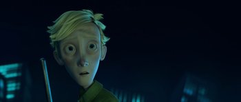 Movie still from “The Little Prince” (2015), directed by Mark Osborne – A cartoon of a boy with blonde hair and a green shirt; Close Up shot, Over the shoulder angle