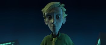 Movie still from “The Little Prince” (2015), directed by Mark Osborne – A cartoon of a boy with blonde hair and a green shirt; Close Up shot, Low angle