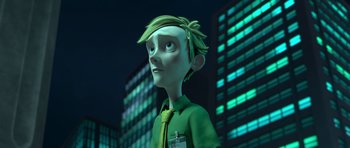 Movie still from “The Little Prince” (2015), directed by Mark Osborne – A cartoon of a boy in a green shirt and tie; Close Up shot, Low angle