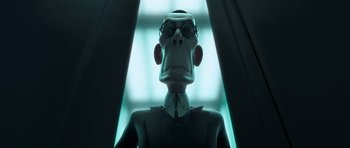 Movie still from “The Little Prince” (2015), directed by Mark Osborne – An animated monkey wearing glasses and a suit; Close Up shot, Low angle