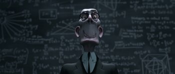 Movie still from “The Little Prince” (2015), directed by Mark Osborne – An animated man in front of a chalkboard with equations on it; Close Up shot, Low angle