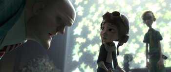 Movie still from “The Little Prince” (2015), directed by Mark Osborne – A man and a woman talking to each other; Medium shot, Over the shoulder angle
