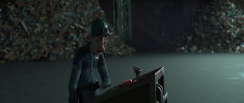Movie still from “The Little Prince” (2015), directed by Mark Osborne – An animation of a man looking into a box; Medium shot, High angle