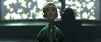 Movie still from “The Little Prince” (2015), directed by Mark Osborne – A cartoon of a boy in a green shirt and a yellow tie; Close Up shot, Low angle