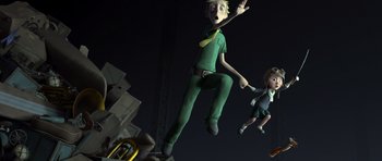 Movie still from “The Little Prince” (2015), directed by Mark Osborne – Two people are flying through the night sky; Wide shot, Low angle