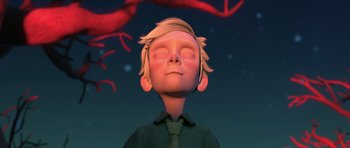 Movie still from “The Little Prince” (2015), directed by Mark Osborne – A boy with his eyes closed and his head tilted to the side; Close Up shot, Low angle