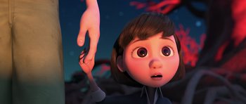 Movie still from “The Little Prince” (2015), directed by Mark Osborne – An image of an animated character with a hand reaching out of it; Medium shot, Over the shoulder angle