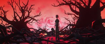 Movie still from “The Little Prince” (2015), directed by Mark Osborne – A man and a child are standing in the middle of a forest; Wide shot, High angle