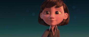 Movie still from “The Little Prince” (2015), directed by Mark Osborne – An animated girl is looking at the camera; Close Up shot, Over the shoulder angle