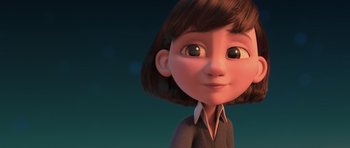 Movie still from “The Little Prince” (2015), directed by Mark Osborne – An animated girl with brown hair is looking at the camera; Close Up shot, Over the shoulder angle