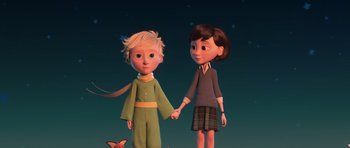 Movie still from “The Little Prince” (2015), directed by Mark Osborne – A couple of people that are holding hands; Medium shot, Low angle