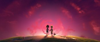 Movie still from “The Little Prince” (2015), directed by Mark Osborne – Two people holding hands in a field at sunset; Wide shot, Low angle