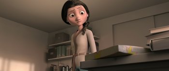 Movie still from “The Little Prince” (2015), directed by Mark Osborne – An animated woman standing next to a bookshelf; Medium shot, Low angle
