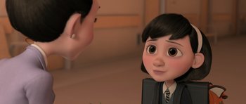 Movie still from “The Little Prince” (2015), directed by Mark Osborne – A cartoon of a girl looking at another girl; Close Up shot, Over the shoulder angle